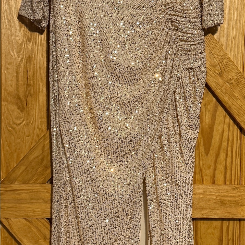 Long Sleeve Sequined Evening Dress in Champagne
